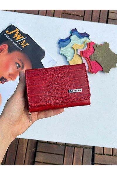 DERKON Small Useful Genuine Leather Crocodile Patterned Red Wallet That Can Fit Any Bag