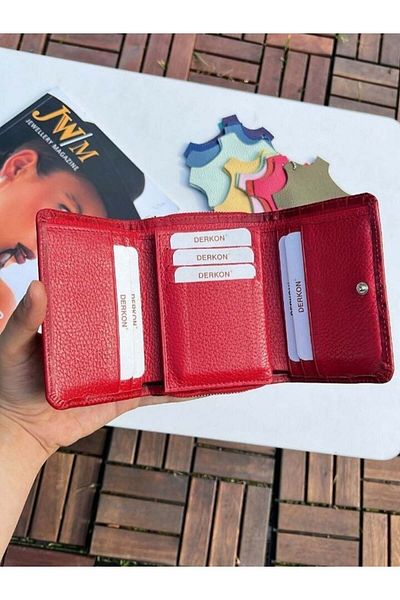DERKON Small Useful Genuine Leather Crocodile Patterned Red Wallet That Can Fit Any Bag