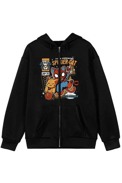 Touz Ζακέτα με φερμουάρ με στάμπα Spider-Cat Μαύρη Unisex με κουκούλα
