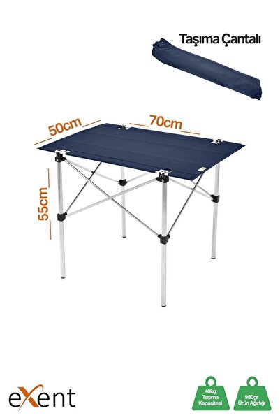 Exent 50x70 Cm Katlanabilir Kamp Masası, Piknik Bahçe Masası, Taşıma Çantalı Masa-lacivert