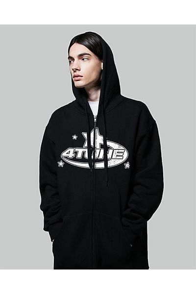 Touz Moda dompuleri moda 4 Tune Printed Oversize Zippered Black Unisex Hooded Cardigan