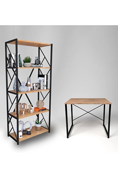 Tedarikcenter 5 Raflı Kitaplık ve 60x90 Çalışma Masası Seti Genç Odası 2'li Set