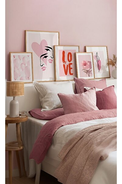 varje EVİNİZE ÖZEL GERÇEK AHŞAP ÇERÇEVELİ, PEMBE GALERİ 5 PARÇA DUVAR DEKORAS...