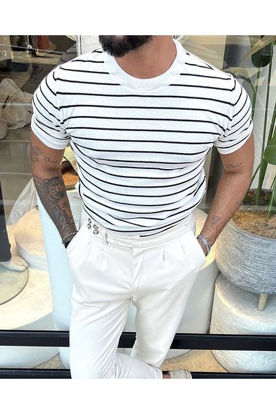 COOL TARZ Ανδρικό ματ λευκό κοντομάνικο πλεκτό μπλουζάκι με ραβδώσεις από ακρυλικό-βαμβάκι