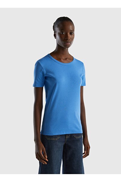 Benetton تي شيرت نسائي أزرق سادة برقبة دائرية 3GA2E16A0