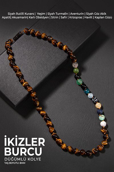 OSMANLI DEĞERLİ TAŞ Gemini Knotted Necklace with Certified Natural Stones (SAFIR, TOURMALINE, CITRINE, TIGER EYE)