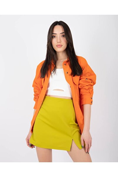 dükkan10butika Kadın Yandan Hafif Yırtmaçlı Mini Etek Hardal SArısı