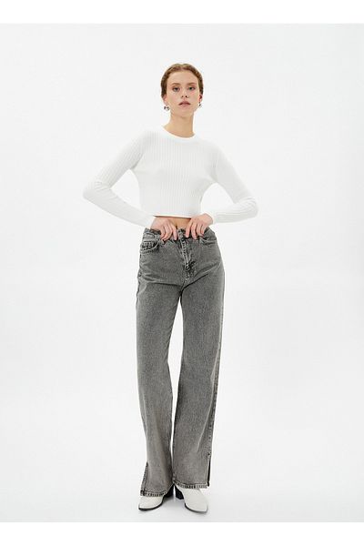 Koton Pantaloni negri din denim pentru femei, cu talie înaltă, cu picioare late, 4WAL40041MD