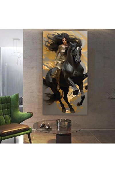 EMİLART ASİL SİYAH AT ÜZERİNDE KADIN HD KANVAS TABLO