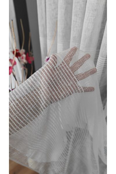 Yuka Horizontal Striped Natural Linen Slub Pasta 1/3 Tight Pleat Ecru Tulle Curtain Wrinkle-Free Does Not Require Ironing