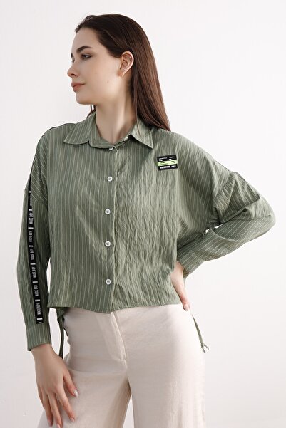 SEVİLEN Çizgili Oversize Gömlek Önü Kısa Arkası Uzun