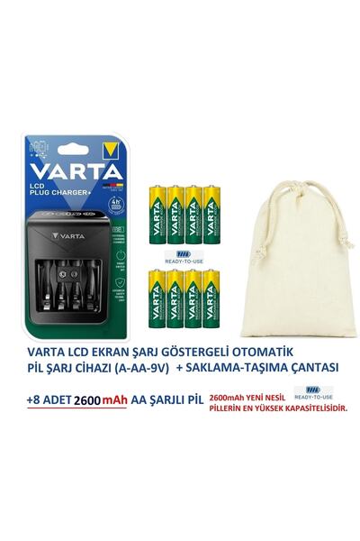 Varta LCD PLUG+ Plus Şarj Cihazı + 8X2600mAh AA PİL+Saklama Çantası