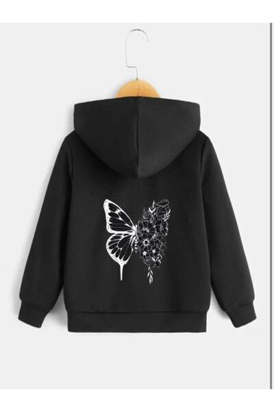 MORNİNG KİDS Children's Floral Butterfly Printed Black Zipper Cardigan