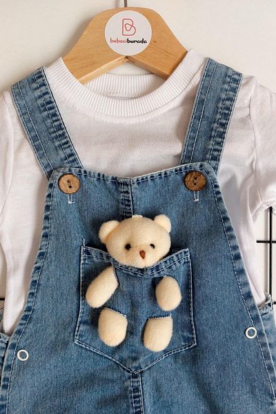 BEBECİBURADA Long Sleeve Baby Denim Salopet with Teddy Bear Toy