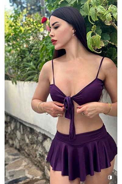 KAYAHAN COLLECTION Mor DesteksizŞort Etekli Bikini Kadın Takım