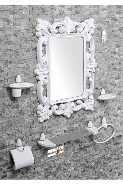 M3DECORİUM Büyük Dev 77 cm Aynalı Çok Parçalı 7 Parça Beyaz Banyo Ayna Seti