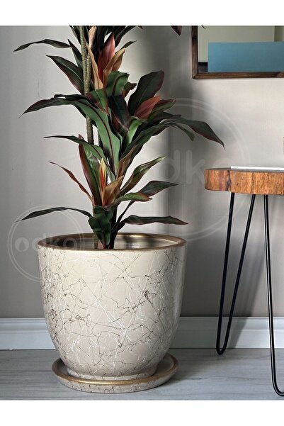 odka 20litre Klasik Saksı Tabaklı 30cmx30cm Lily Taş Gold Beyaz