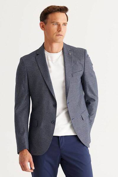 ALTINYILDIZ CLASSICS Men's Navy Blue Slim Fit Narrow Cut Mono Collar Patterned Jacket