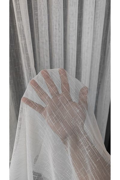 Yuka Sequined Natural Linen Slub Vertical Striped 1/3 Close Pleat Ecru Tulle Curtain Wrinkle-Free Does Not Require Ironing