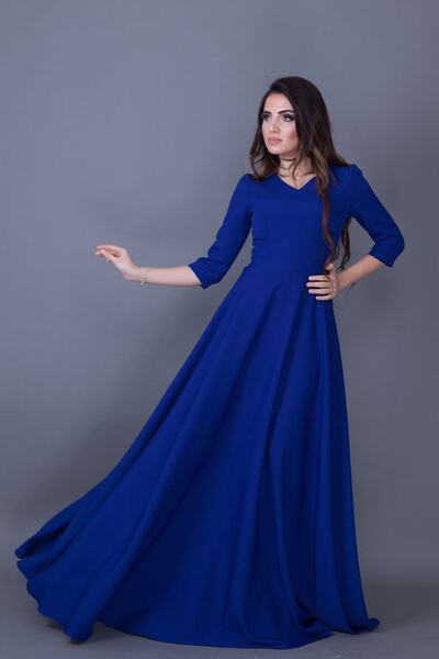 NO48 Βραδινό φόρεμα με φουσκωτό φόρεμα Sax Blue V λαιμόκοψη 3/4 υφαντό ύφασμα με ντραπέ