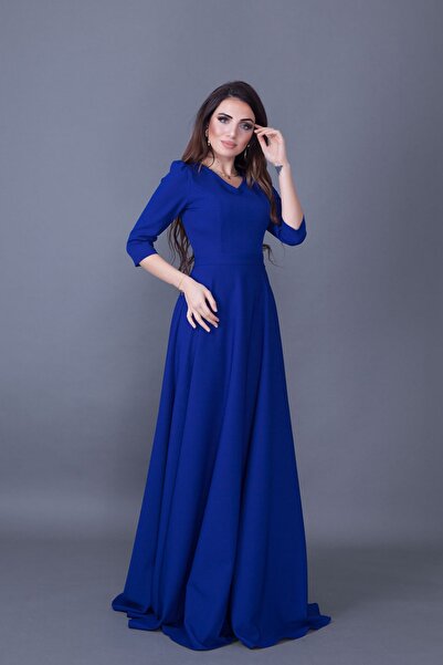 NO48 Βραδινό φόρεμα με φουσκωτό φόρεμα Sax Blue V λαιμόκοψη 3/4 υφαντό ύφασμα με ντραπέ