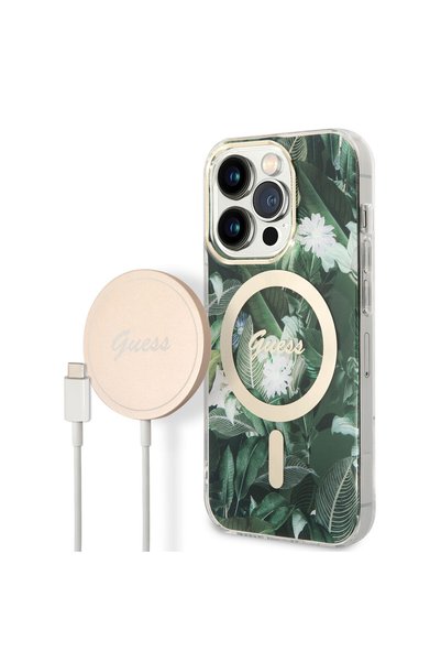 Guess iPhone 14 Pro Uyumlu Kılıf GUESS Magsafe Şarj Özellikli Yaprak Desenli ...
