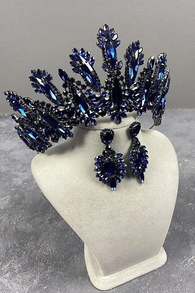Hayalperest boncuk Navy Blue Color High Model Bridal Crown and Shuttle Stone Detailed Drop Stone Earring Set Henna Crown Set