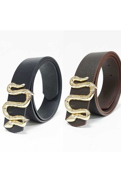 Kemerix Black and Bitter Brown Set of 2 100% Genuine Leather Belt with Gold Snake Buckle