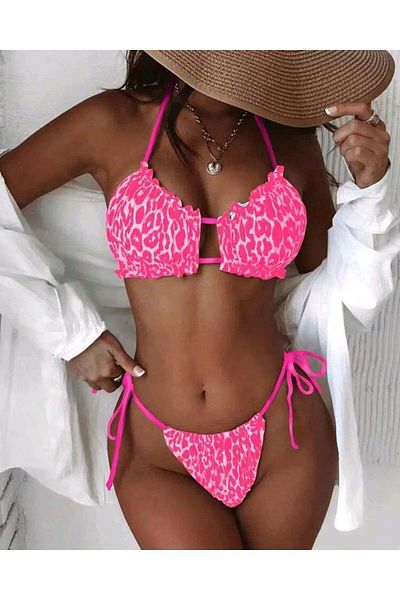 ZEKAS FASHION Leopard pink drawstring bikini set