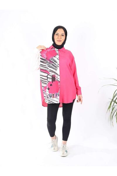 Azbey Baskılı Gömlek Bluz Fuşya