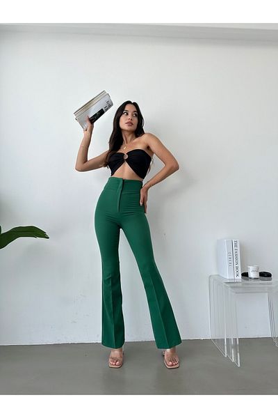AÈC PRIVÈ Green Women's Trousers - Slim Fit, Decorative Pocket, High Waist, Flared Leg Collector