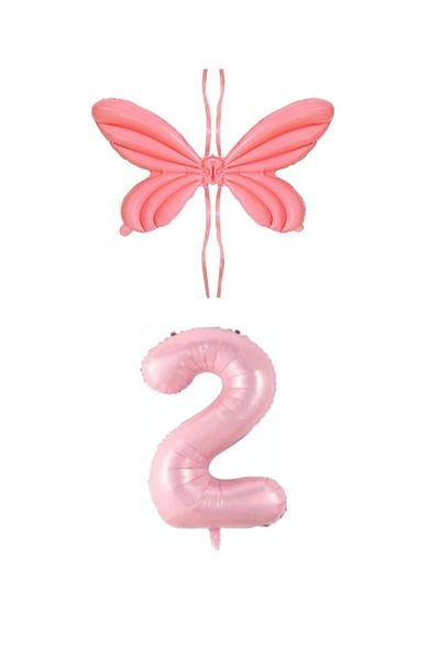 BEST PARTİ DOĞUM GÜNÜ PARTİ SÜSLERİ Pink Color Angel Wing Foil Balloon and Number Foil Balloon Set Age 2