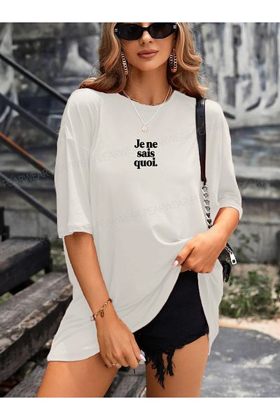 Pear Wear Je Ne Sais Quoi εμπριμέ γαλλικό μπλουζάκι Μαύρο και άσπρο Oversize T-shirt με λαιμόκοψη