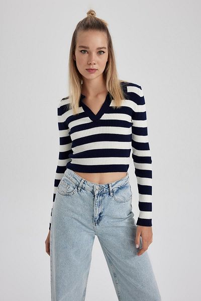 DeFacto Coool Slim Fit Pruhované Polo svetr s výstřihem A2060Ax23Au