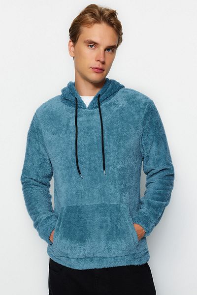 Trendyol Collection Indigó kapucnis plüss pulóver - meleg, normál szabású TMNAW20SW0090