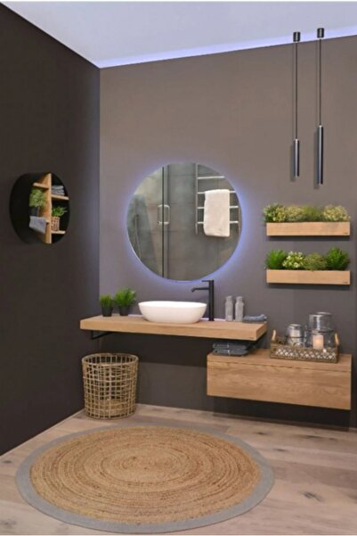 Narkissos Dizayn مرآة حمام مستديرة LED زرقاء مقاس 60 سم / مرآة مكياج / محول