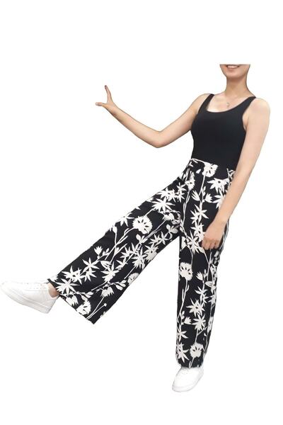 HNS Штани з еластичним поясом і широкими штанинами з малюнком MARİQUİTA - HNS - ST05097-ЧОРНІ З КВІТКАМИ-M