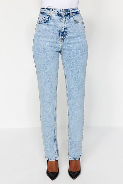 Trendyol Collection Blugi drepti cu crestă albastru deschis cu talie înaltă TWOSS22JE0430