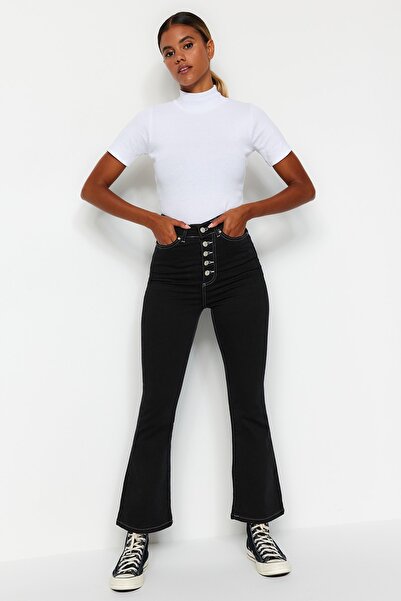 Trendyol Collection Black Front Buttoned High Waist Crop Flare Jeans TWOAW23JE00136