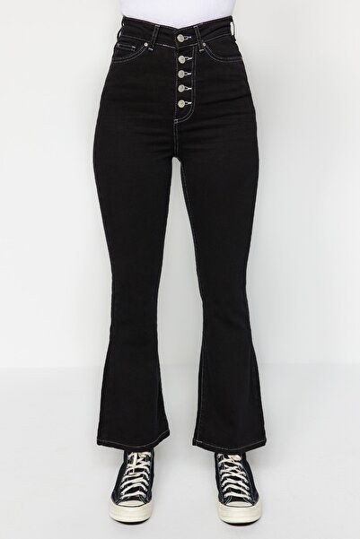 Trendyol Collection Black Front Buttoned High Waist Crop Flare Jeans TWOAW23JE00136