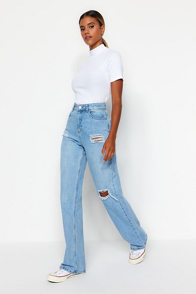 Trendyol Collection Blugi largi cu talie înaltă rupti albastru deschis TWOAW23JE00140