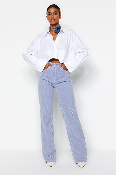 Trendyol Collection Többszínű csíkos, magas derekú, széles lábszárú farmernadrág TWOSS23JE00246