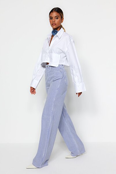 Trendyol Collection Többszínű csíkos, magas derekú, széles lábszárú farmernadrág TWOSS23JE00246