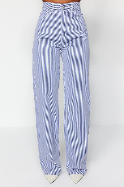 Trendyol Collection Többszínű csíkos, magas derekú, széles lábszárú farmernadrág TWOSS23JE00246