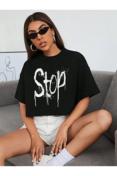 Jose Clothing Top crop cu mânecă scurtă, cu decupaj supradimensionat, negru, ...