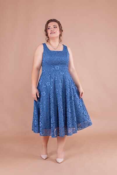 Bidoluelbise Βραδινό φόρεμα & προσκλητήριο & φόρεμα αποφοίτησης με γαλλικό τετράγωνο δαντέλα μίντι μήκους Αμάνικο χοντρό λουράκι συν μέγεθος