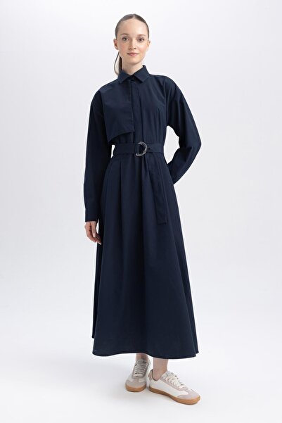 DeFacto Popelínové šaty s dlouhým rukávem s košilovým límečkem Relax Fit