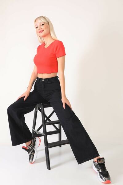 DRC trend Drsf Jet Black Extra Visok struk Sa likrom Palazzo široke traperice