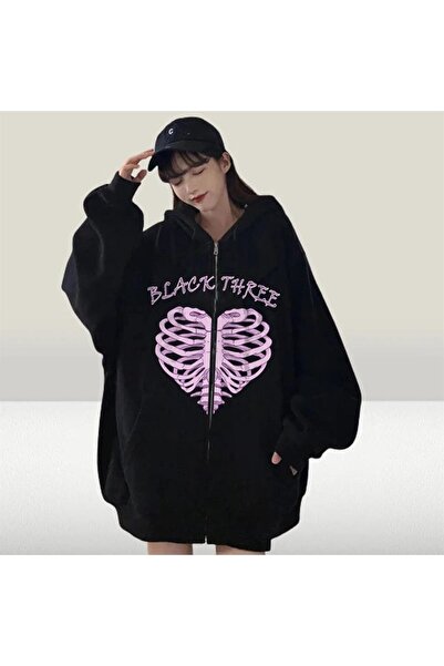 Gofeel Black Three Cage Heart Printed Oversize Zippered Black Unisex Hooded C...
