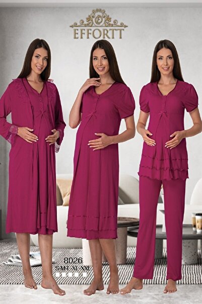 BLACKMORE طقم من 4 قطع من بيجامة الحمل وثوب النوم للنساء من الدانتيل الفوشيا